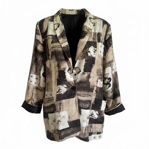 Vintage Kensington Square Linen Blend Abstract Womens 2X Blazer Jacket Tan Black